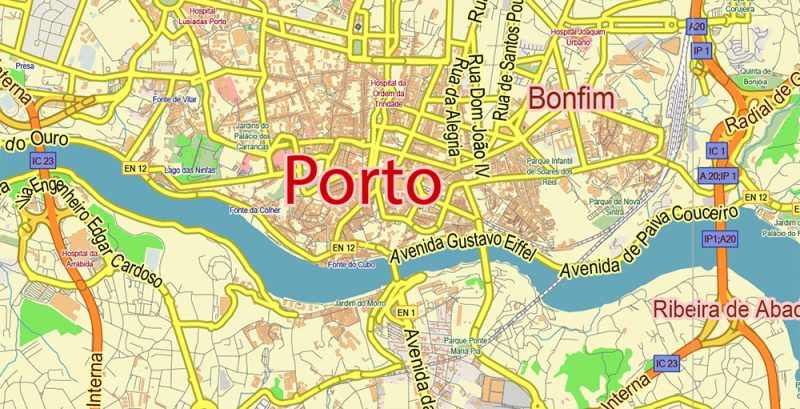 Porto Portugal Map Vector City Plan Low Detailed (for small print size) Street Map editable Adobe Illustrator in layers