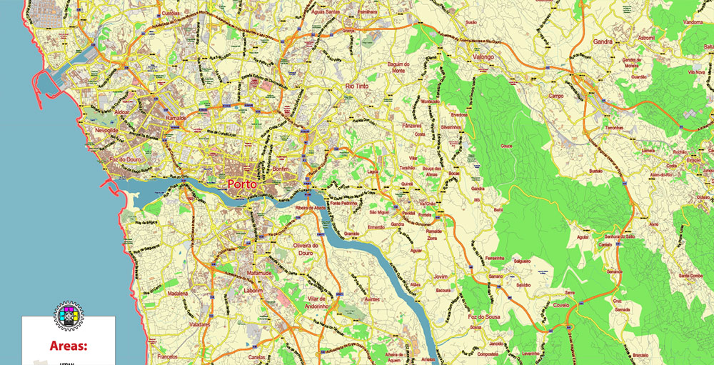 Porto Portugal PDF Vector Map: City Plan Low Detailed (for small print size) Street Map editable Adobe PDF in layers