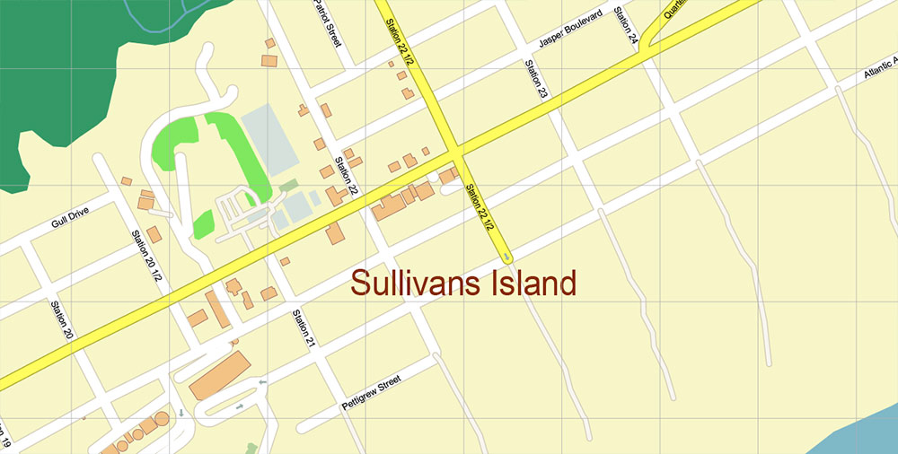 Sullivan's + Dewees + Palm + Bulls Islands South Carolina US PDF Vector Map: Exact High Detailed City Plan editable Adobe PDF Street Map in layers