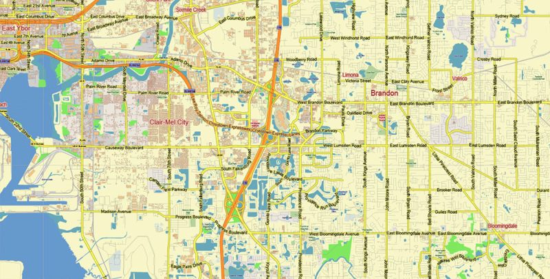 Tampa Bay Florida US Map Vector City Plan Low Detailed (for small print size) Street Map editable Adobe Illustrator in layer