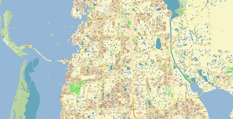 Tampa Bay Florida US Map Vector Exact High Detailed City Plan editable Adobe Illustrator Street Map in layers