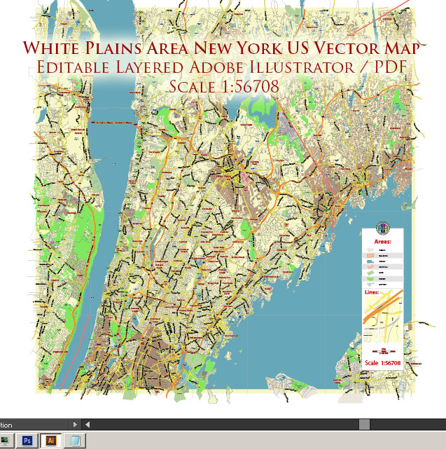 White Plains New York US PDF Vector Map: City Plan Low Detailed (for small print size) Street Map editable Adobe PDF in layers