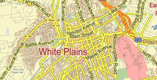 White Plains New York US PDF Vector Map: City Plan Low Detailed (for 