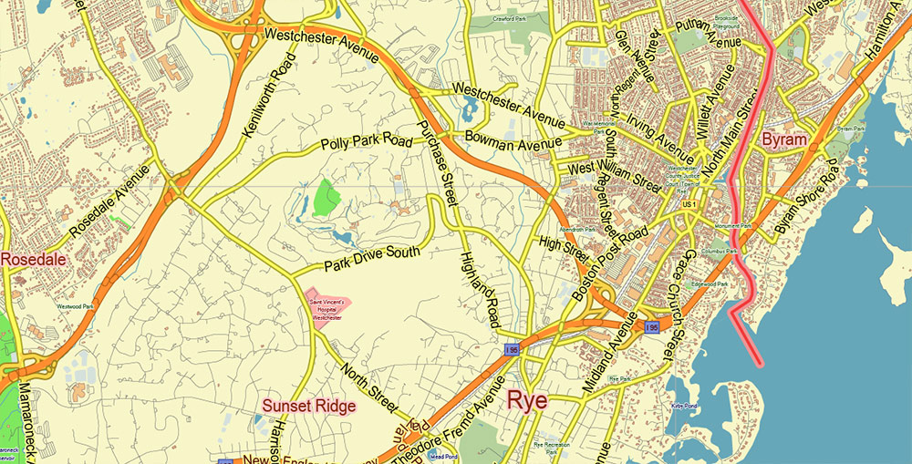 White Plains New York US PDF Vector Map: City Plan Low Detailed (for small print size) Street Map editable Adobe PDF in layers