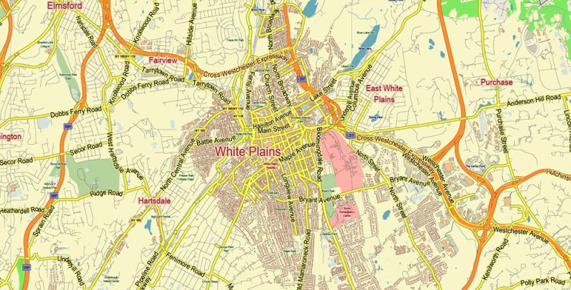 White Plains New York US Map Vector City Plan Low Detailed (for small print size) Street Map editable Adobe Illustrator in layers