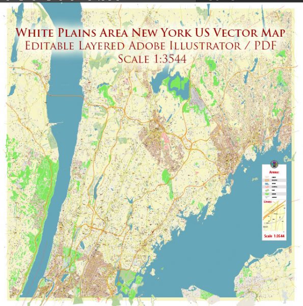 White Plains New York US PDF Vector Map: Exact High Detailed City Plan 