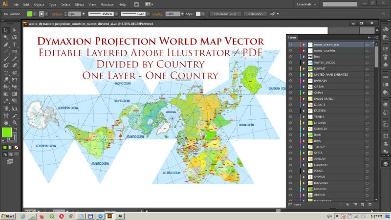 World Vector Map Dymaxion Projection Adobe Illustrator Detailed Divided by layers by Country names (areas)