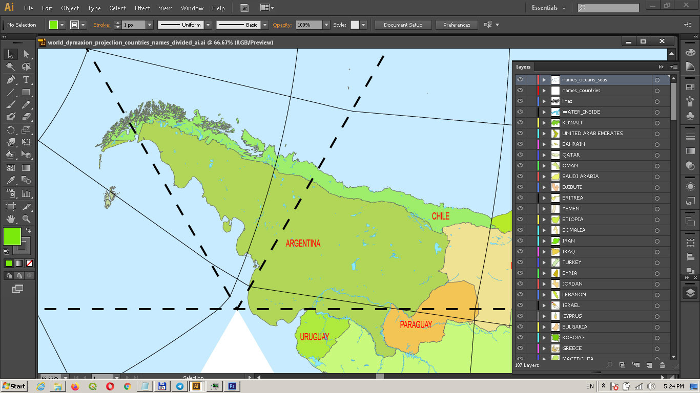 World PDF Vector Map: Dymaxion Projection Adobe PDF Detailed Divided by layers by Country names (areas)
