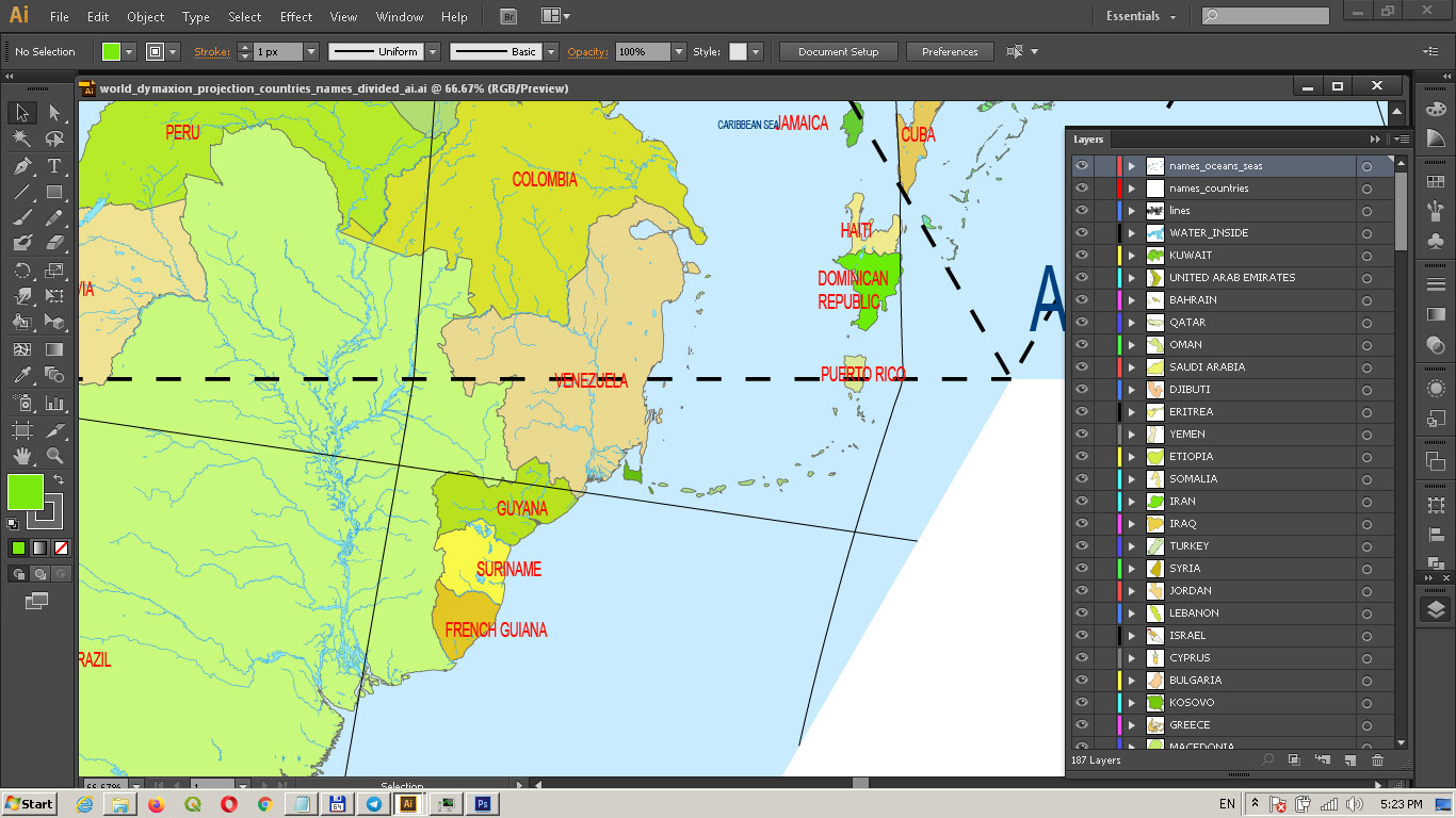 World Vector Map Dymaxion Projection Adobe Illustrator Detailed Divided by layers by Country names (areas)