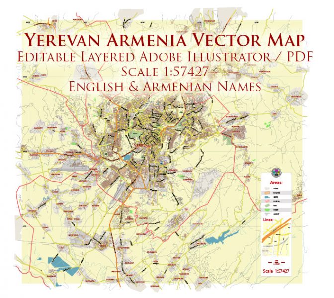 Yerevan Armenia Map Vector City Plan Low Detailed (for small print size