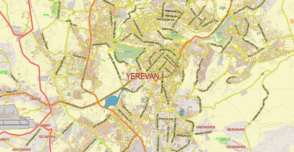Yerevan Armenia Map Vector City Plan Low Detailed (for small print size) Street Map editable Adobe Illustrator in layers