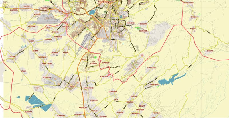 Yerevan Armenia Map Vector City Plan Low Detailed (for small print size) Street Map editable Adobe Illustrator in layers