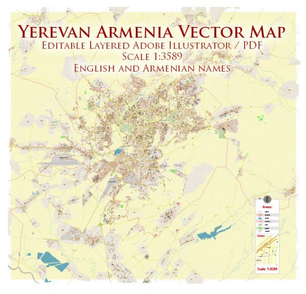Yerevan Armenia Map Vector Exact High Detailed City Plan editable Adobe Illustrator Street Map ...