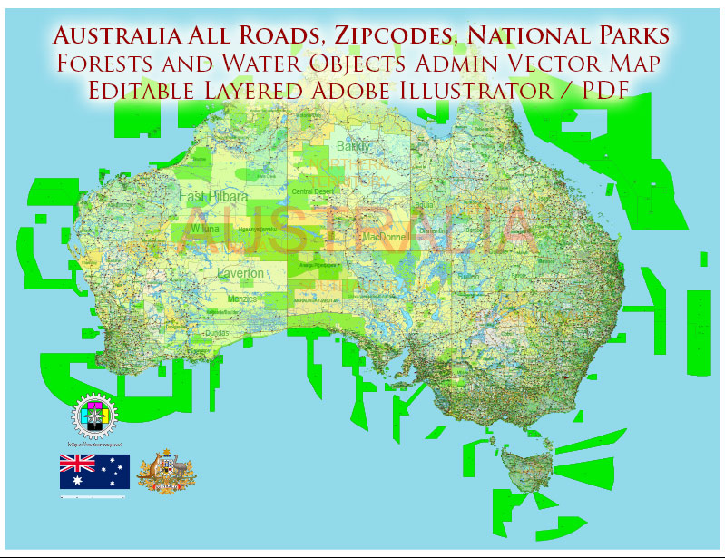 Australia Printable PDF Vector Map 01 exact extra detailed Country Plan Roads Admin ZipCodes (POA) Forests National Parks fully editable Adobe PDF