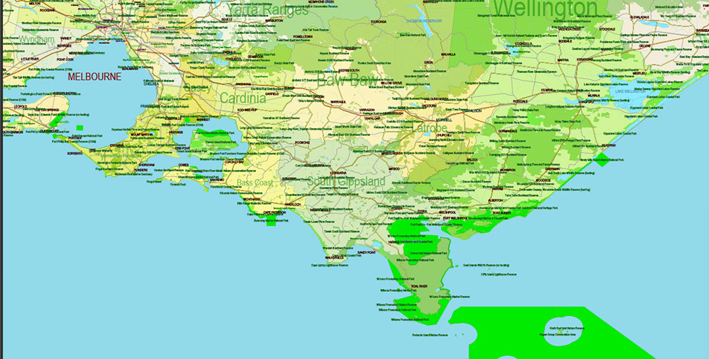 Australia Printable Vector Map 01 exact extra detailed Country Plan Roads Admin ZipCodes (POA) Forests National Parks fully editable Adobe Illustrator