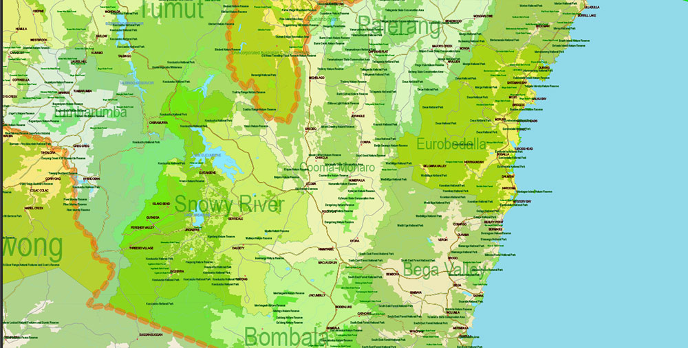 Australia Printable Vector Map 01 exact extra detailed Country Plan Roads Admin ZipCodes (POA) Forests National Parks fully editable Adobe Illustrator