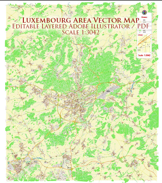 Luxembourg City Metro Area Map Vector Exact High Detailed City Plan editable Adobe Illustrator Street Map in layers