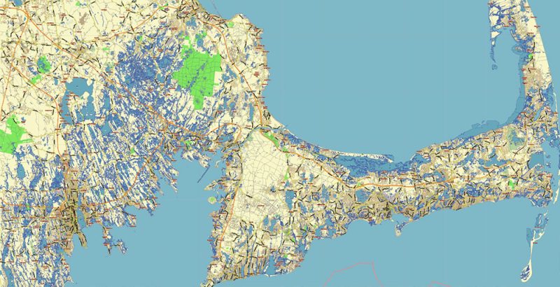 Marta's Vineyard + Cape Cod + Nantucket + Barnstable, Massachusetts US Map Vector City Plan Low Detailed (for small print size) Street Map editable Adobe Illustrator in layers
