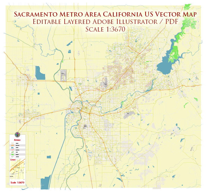 Sacramento California US Map Vector Metro Area Exact High Detailed City Plan + Zipcodes editable Adobe Illustrator Street Map in layers