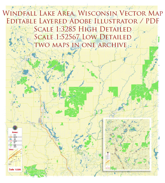 Windfall Lake Area Wisconsin US Map Vector Exact High Detailed + Low Detailed editable Adobe Illustrator Road Map in layers