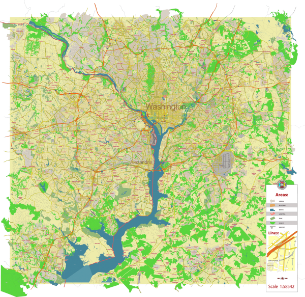 Washington DC Alexandria VA US printable editable layered Vector Map