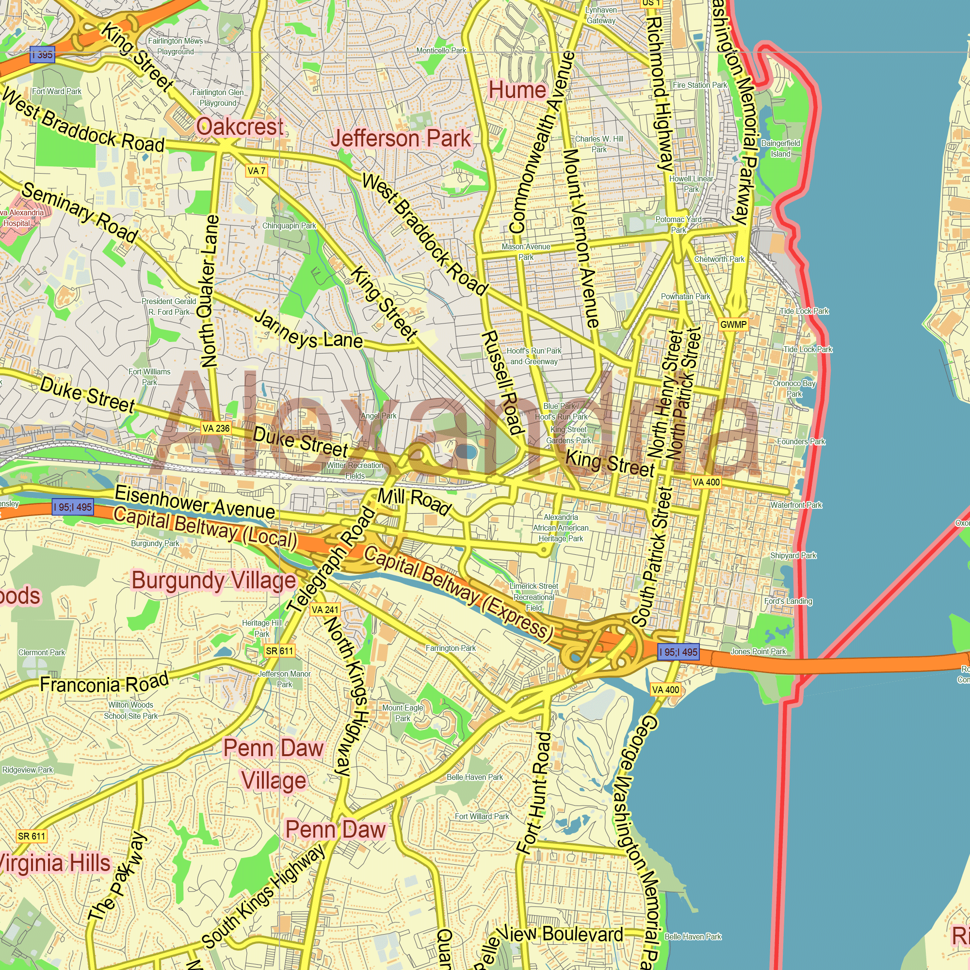 Washington DC Alexandria VA US printable editable layered Vector Map