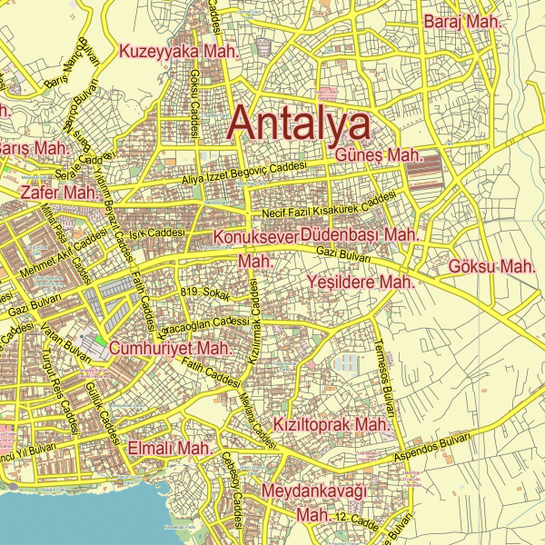 Antalya Turkey printable editable PDF layered Vector Map