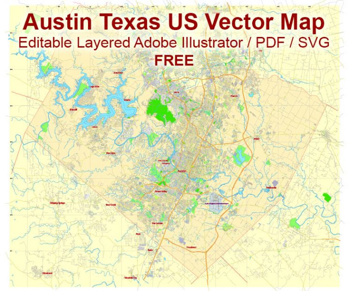Austin Texas US Vector Map Free Editable Layered Adobe Illustrator + PDF + SVG