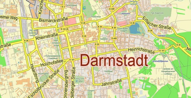 Darmstadt Germany PDF Vector Map: City Plan Low Detailed (for small