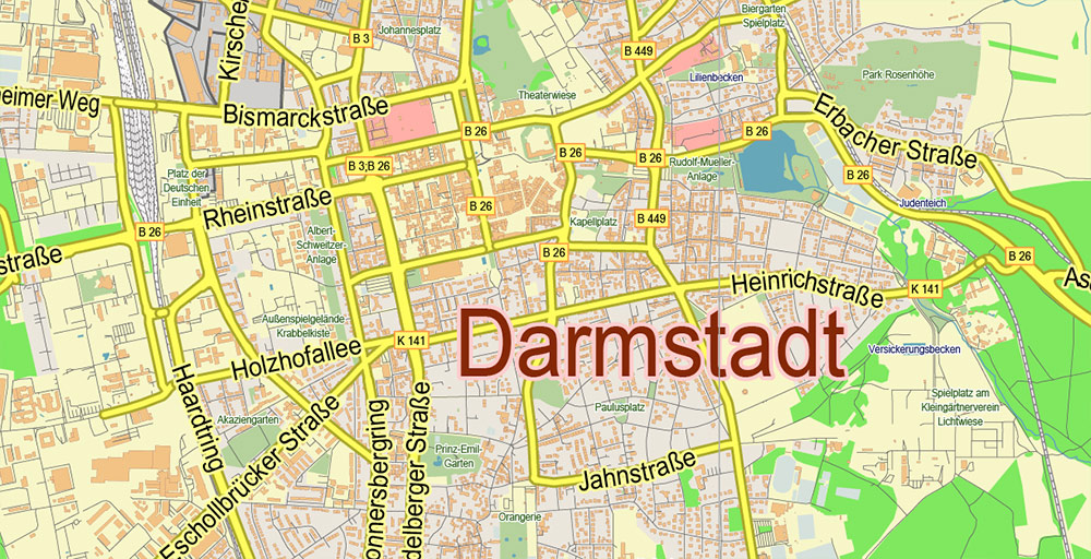 Darmstadt Germany PDF Vector Map: City Plan Low Detailed (for small print size) Street Map editable Adobe PDF in layers