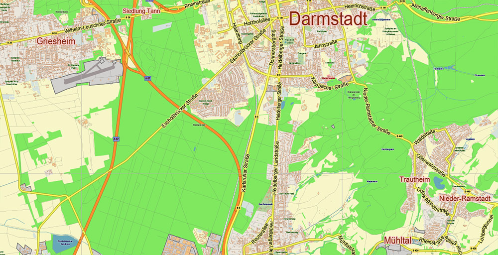 Darmstadt Germany PDF Vector Map: City Plan Low Detailed (for small print size) Street Map editable Adobe PDF in layers