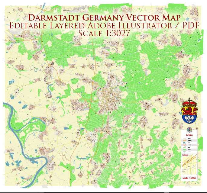 Darmstadt Germany Map Vector Exact High Detailed City Plan editable Adobe Illustrator Street Map in layers