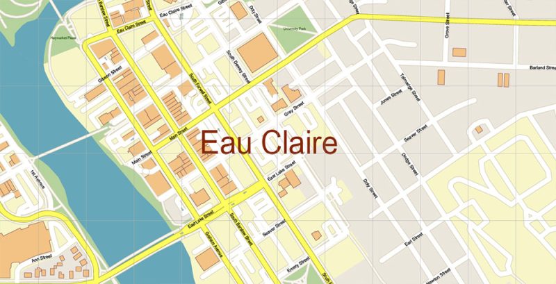 Eau Claire Chippewa Falls Wisconsin US Map Vector Exact High Detailed City Plan editable Adobe Illustrator Street Map in layers