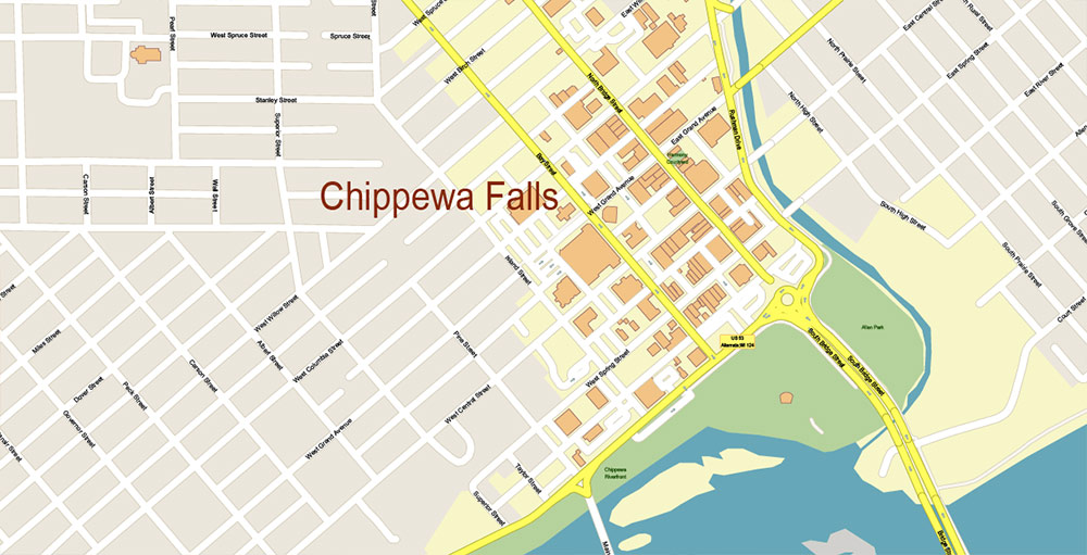 Eau Claire Chippewa Falls Wisconsin US PDF Vector Map: Exact High Detailed City Plan editable Adobe PDF Street Map in layers