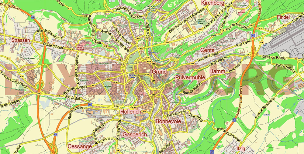 Luxembourg Map Vector City Plan Low Detailed (for small print size) Street Map editable Adobe Illustrator in layers