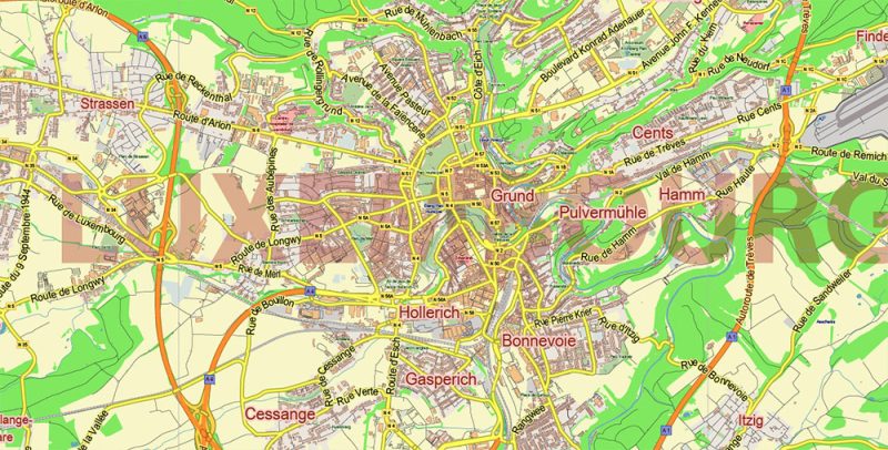 Luxembourg Map Vector City Plan Low Detailed (for small print size) Street Map editable Adobe Illustrator in layers