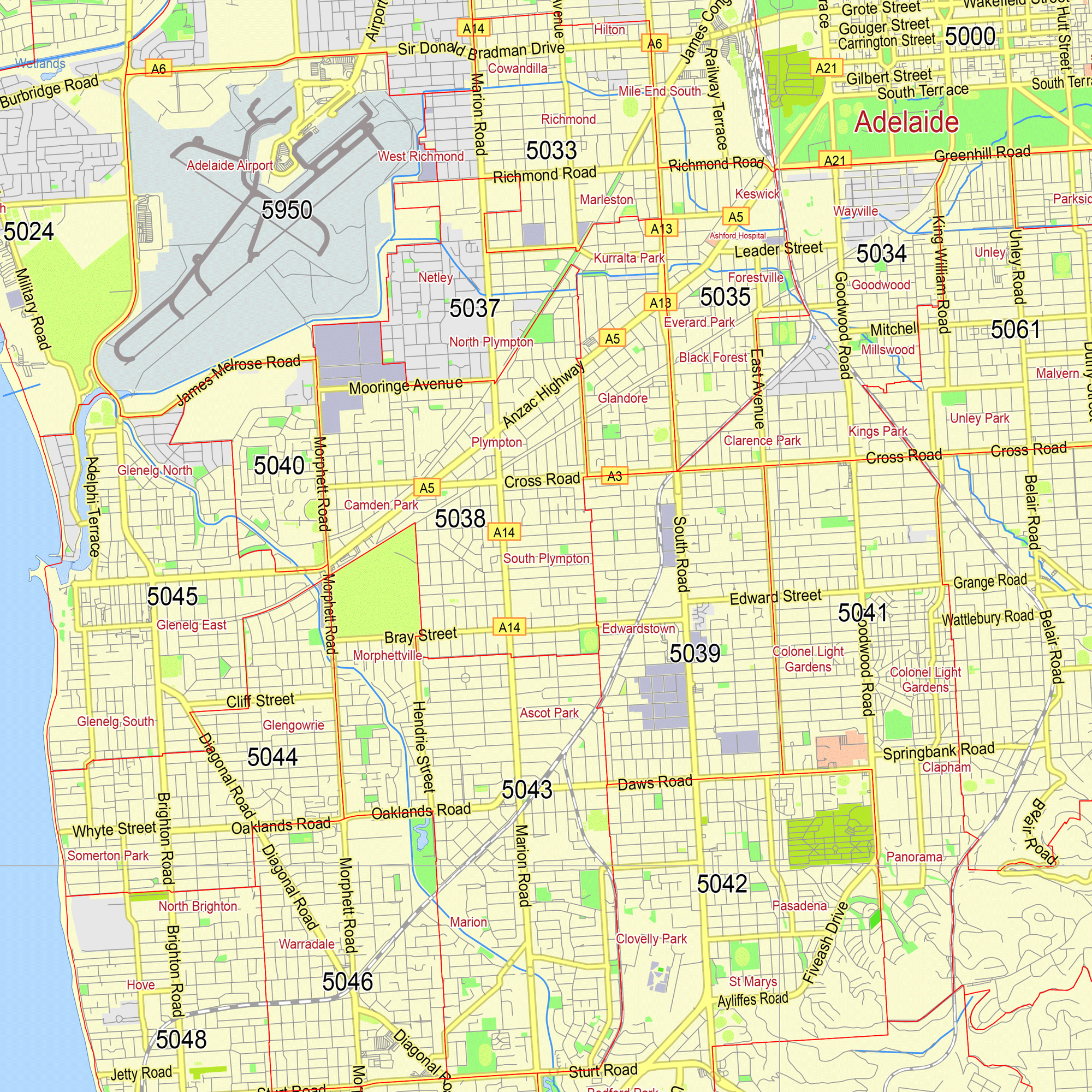 Adelaide Australia printable vector map + Zipcodes