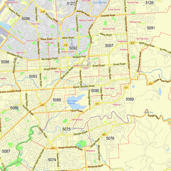 Adelaide Australia printable vector map + Zipcodes