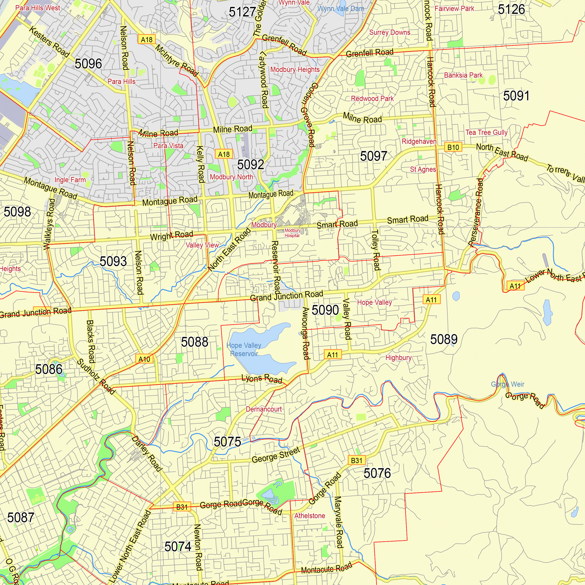 Adelaide Australia printable vector map + Zipcodes