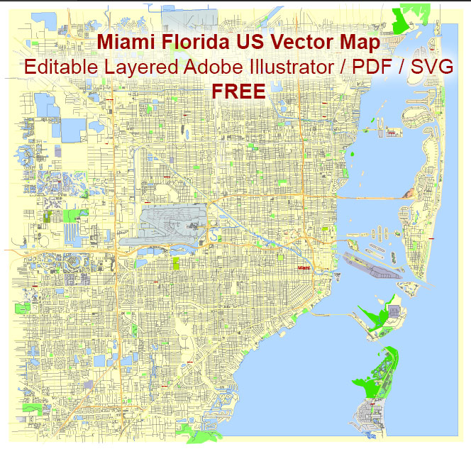 Miami Florida US Vector Map Free Editable Layered Adobe Illustrator + PDF + SVG