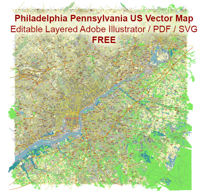 Philadelphia Pennsylvania US Vector Map Free Editable Layered Adobe Illustrator + PDF + SVG