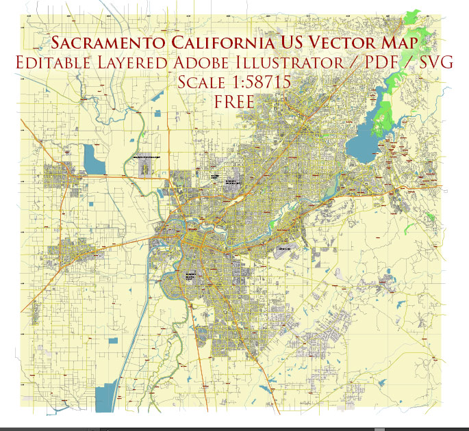 Sacramento California US Vector Map Free Editable Layered Adobe Illustrator + PDF + SVG
