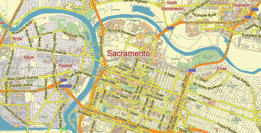 Sacramento California US PDF Map Vector City Plan Low Detailed (for small print size) Street Map editable Adobe PDF in layers