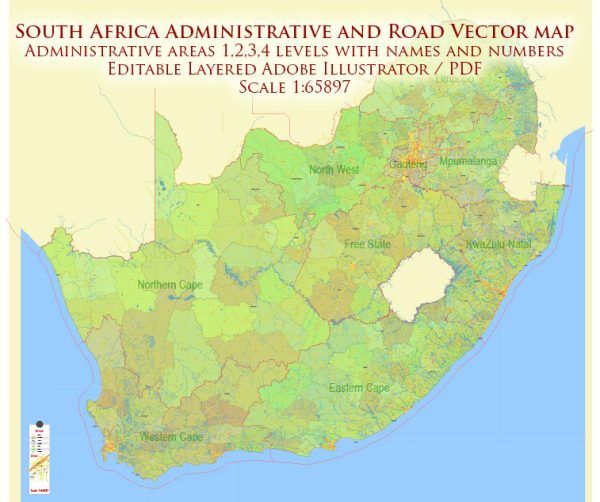 South Africa Vector Map: Full Extra High Detailed (Main roads, Water objects, Railroads) + Admin Areas (1,2,3,4) editable Adobe Illustrator in layers