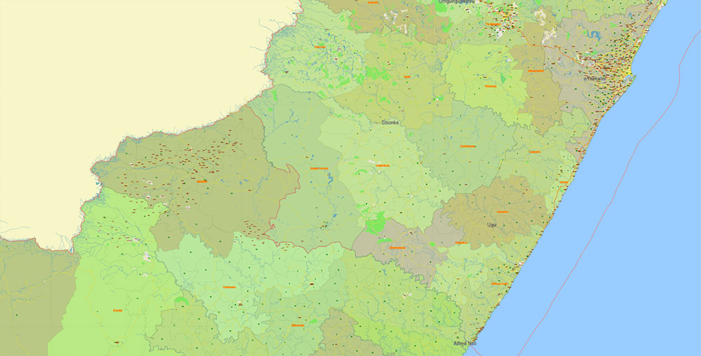 South Africa PDF Vector Map: Full Extra High Detailed (Main roads, Water objects, Railroads) + Admin Areas (1,2,3,4) editable Adobe PDF in layers