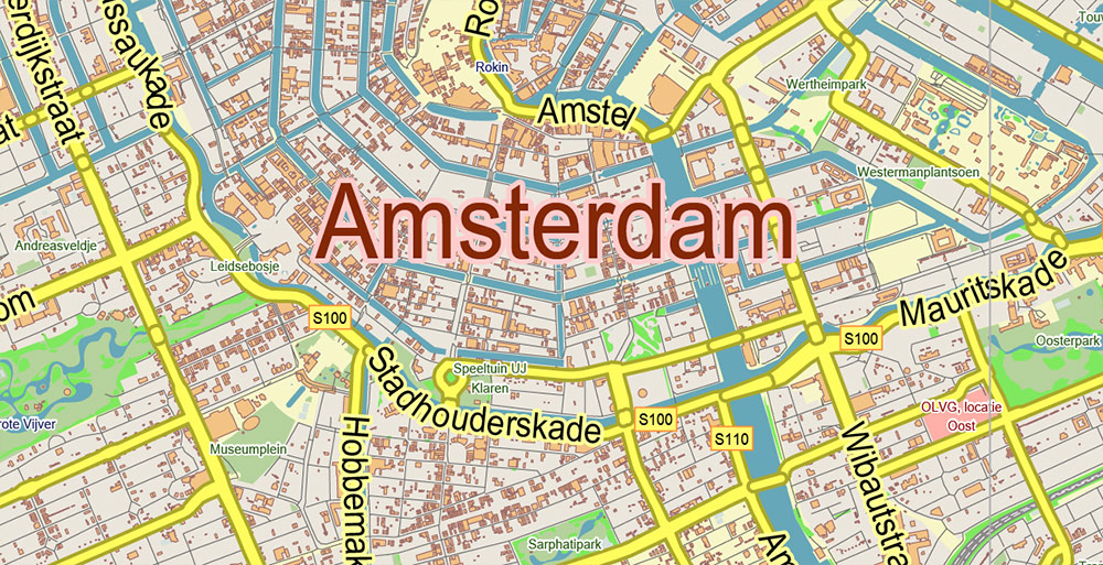 Amsterdam Netherlands Map Vector City Plan Low Detailed (for small print size) Street Map editable Adobe Illustrator in layers