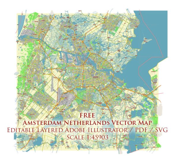 Amsterdam Netherlands Vector Map Free Editable Layered Adobe Illustrator + PDF + SVG