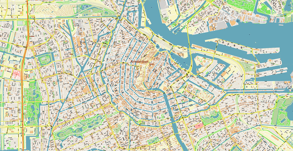 Amsterdam Netherlands PDF Vector Map: Exact High Detailed City Plan editable Adobe PDF Street Map in layers