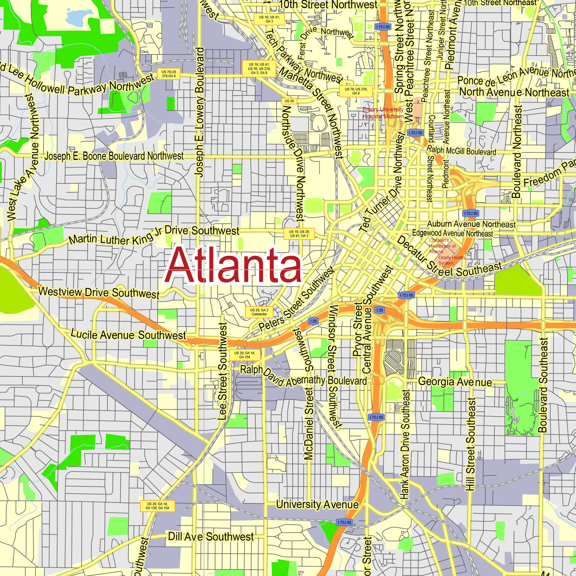Atlanta Georgia US Printable Editable PDF Layered Vector Map Https atlanta-georgia-us-printable-editable-pdf-layered-vector-map-https