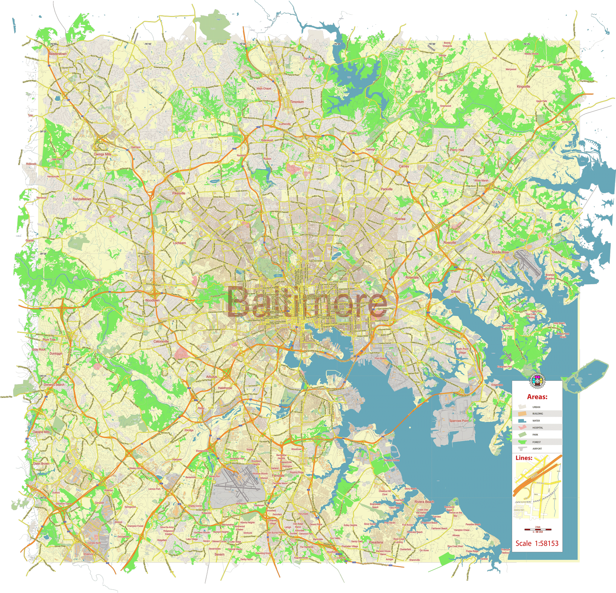 Baltimore Maryland US printable editable PDF layered Vector Map https
